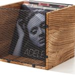 Sanmatin Vinyl Record Storage Crate Metal Wood Retro Brown-0