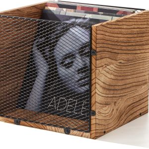 Sanmatin Vinyl Record Storage Crate Metal Wood Retro Brown-0