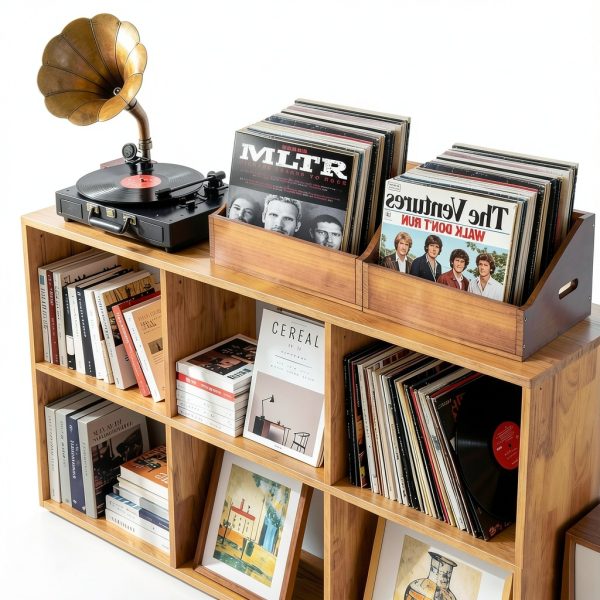Vinyl Record Crate DNTYUISS Solid Wood Organizer-5