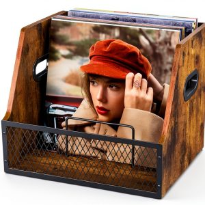 Vfelf Vinyl Record Storage Crate with Dividers Rustic Brown Wood-0