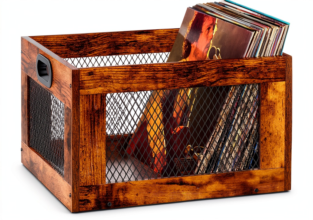 Vinyl record crate placed on a wooden shelf in a living room