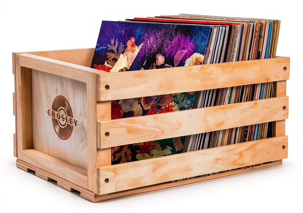 Crosley record crate opened on a wooden shelf displaying vinyl albums