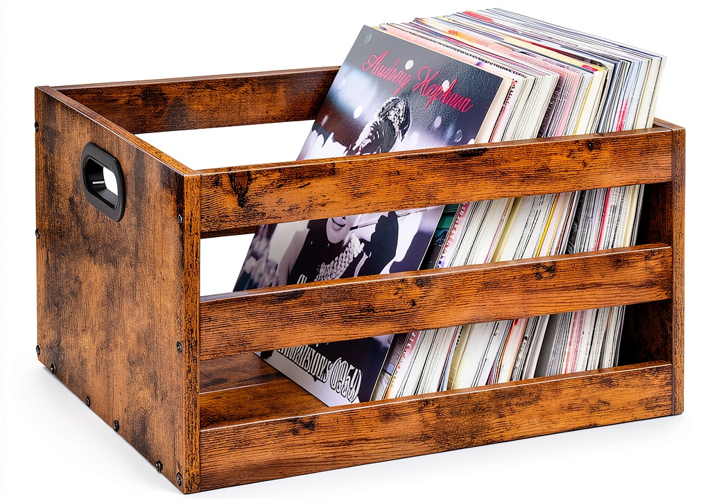 CHOEZON vinyl record crate displayed on a wooden floor with records neatly arranged