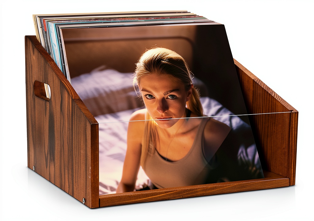 GRETJOB Vinyl Record Storage Box on a wooden desk in a home office