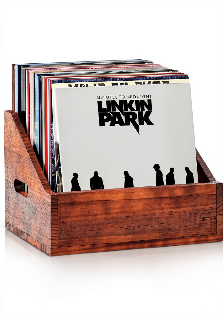 Vinyl record crate placed on a wooden shelf in a living room